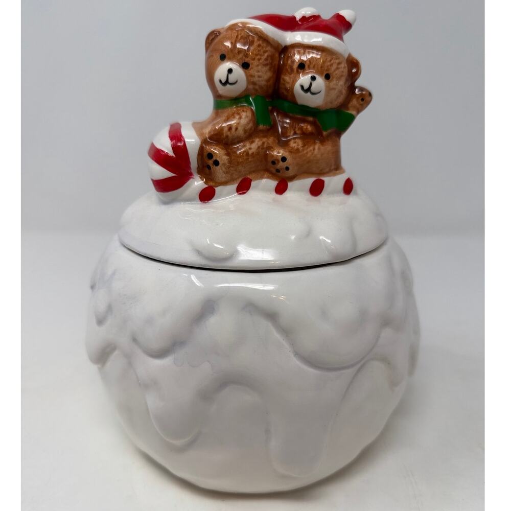 House of Lloyd Teddy Bear Snowball Cookie Jar Candy Cane Sleigh 8" Tall